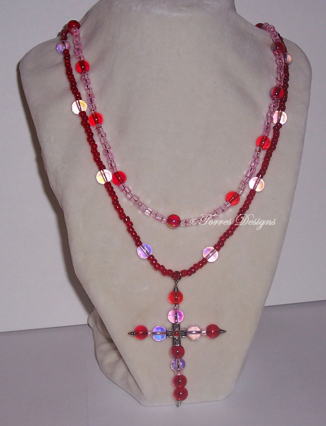 Fire Red and Baby Pink Iridescent Glass Beads Rosary